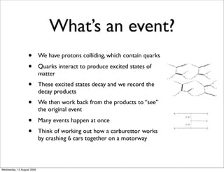What’s an event?
                   •        We have protons colliding, which contain quarks
                   •        Quarks interact to produce excited states of
                            matter
                   •        These excited states decay and we record the
                            decay products
                   •        We then work back from the products to “see”
                            the original event
                   •        Many events happen at once
                   •        Think of working out how a carburettor works
                            by crashing 6 cars together on a motorway



Wednesday, 12 August 2009
 