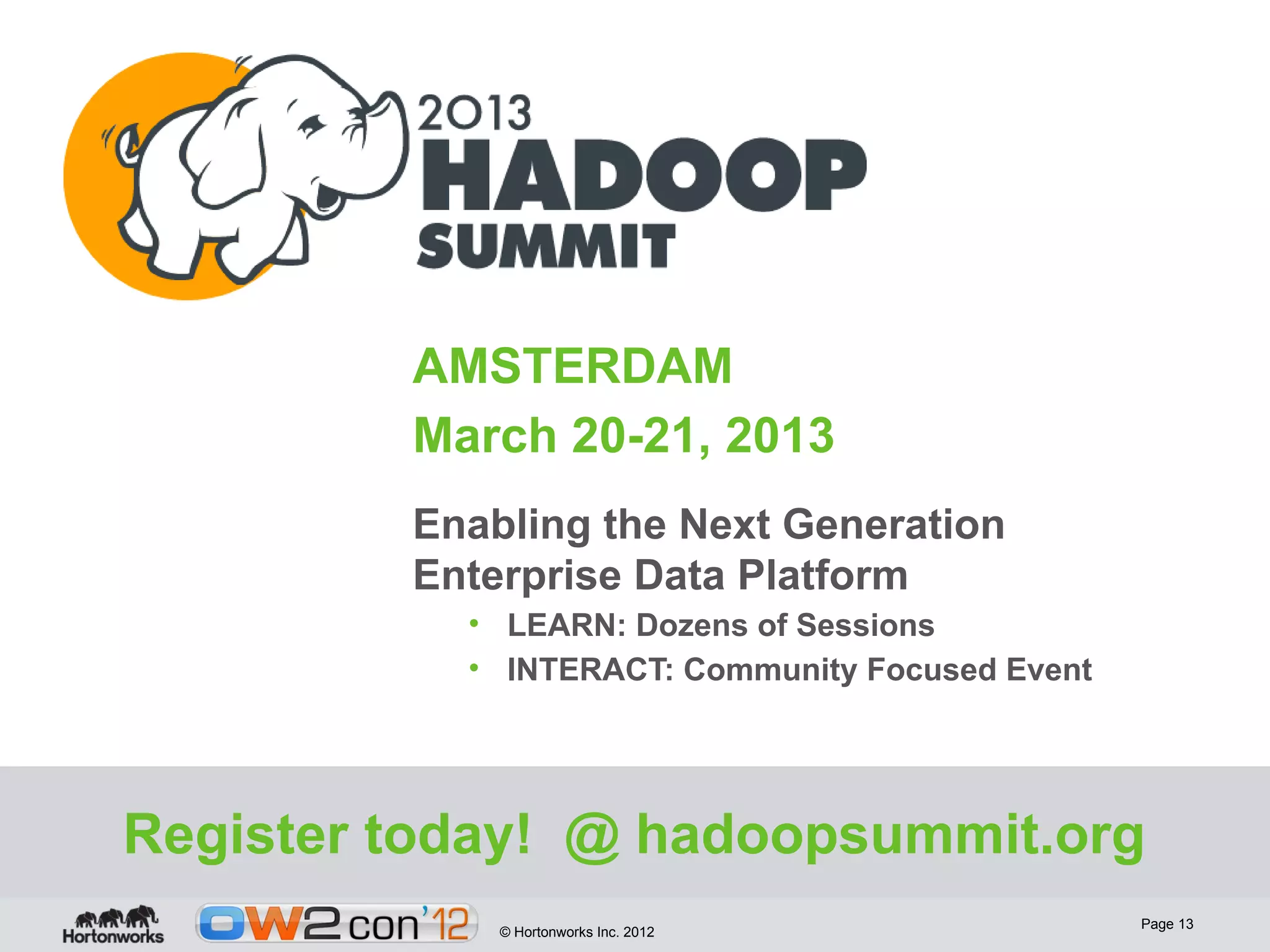 AMSTERDAM
         March 20-21, 2013
         Enabling the Next Generation
         Enterprise Data Platform
           • LEARN: Dozens of Sessions
           • INTERACT: Community Focused Event




Register today! @ hadoopsummit.org
                                                 Page 13
             © Hortonworks Inc. 2012
 
