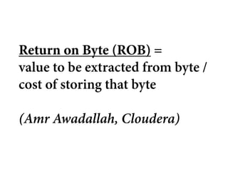 Return on Byte (ROB) =
value to be extracted from byte /
cost of storing that byte

(Amr Awadallah, Cloudera)
 