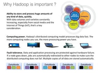 Why Hadoop is important ?
Ability to store and process huge amounts of
any kind of data, quickly.
With data volumes and varieties constantly
increasing, especially from social media and the
Internet of Things (IoT), that's a key
consideration.
Computing power. Hadoop's distributed computing model processes big data fast. The
more computing nodes you use, the more processing power you have.
Fault tolerance. Data and application processing are protected against hardware failure.
If a node goes down, jobs are automatically redirected to other nodes to make sure the
distributed computing does not fail. Multiple copies of all data are stored automatically.
 