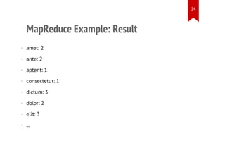 14

MapReduce Example: Result
• amet: 2
• ante: 2
• aptent: 1
• consectetur: 1
• dictum: 3
• dolor: 2
• elit: 3
• ...

 