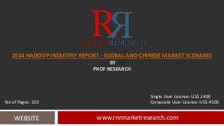2014 HADOOP INDUSTRY REPORT - GLOBAL AND CHINESE MARKET SCENARIO
BY
PROF RESEARCH
www.rnrmarketresearch.comWEBSITE
Single User License: US$ 2400
No of Pages: 150 Corporate User License: US$ 4500
 