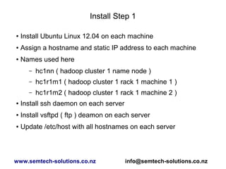Install Step 1
● Install Ubuntu Linux 12.04 on each machine
● Assign a hostname and static IP address to each machine
● Names used here
– hc1nn ( hadoop cluster 1 name node )
– hc1r1m1 ( hadoop cluster 1 rack 1 machine 1 )
– hc1r1m2 ( hadoop cluster 1 rack 1 machine 2 )
● Install ssh daemon on each server
● Install vsftpd ( ftp ) deamon on each server
● Update /etc/host with all hostnames on each server
www.semtech-solutions.co.nz info@semtech-solutions.co.nz
 