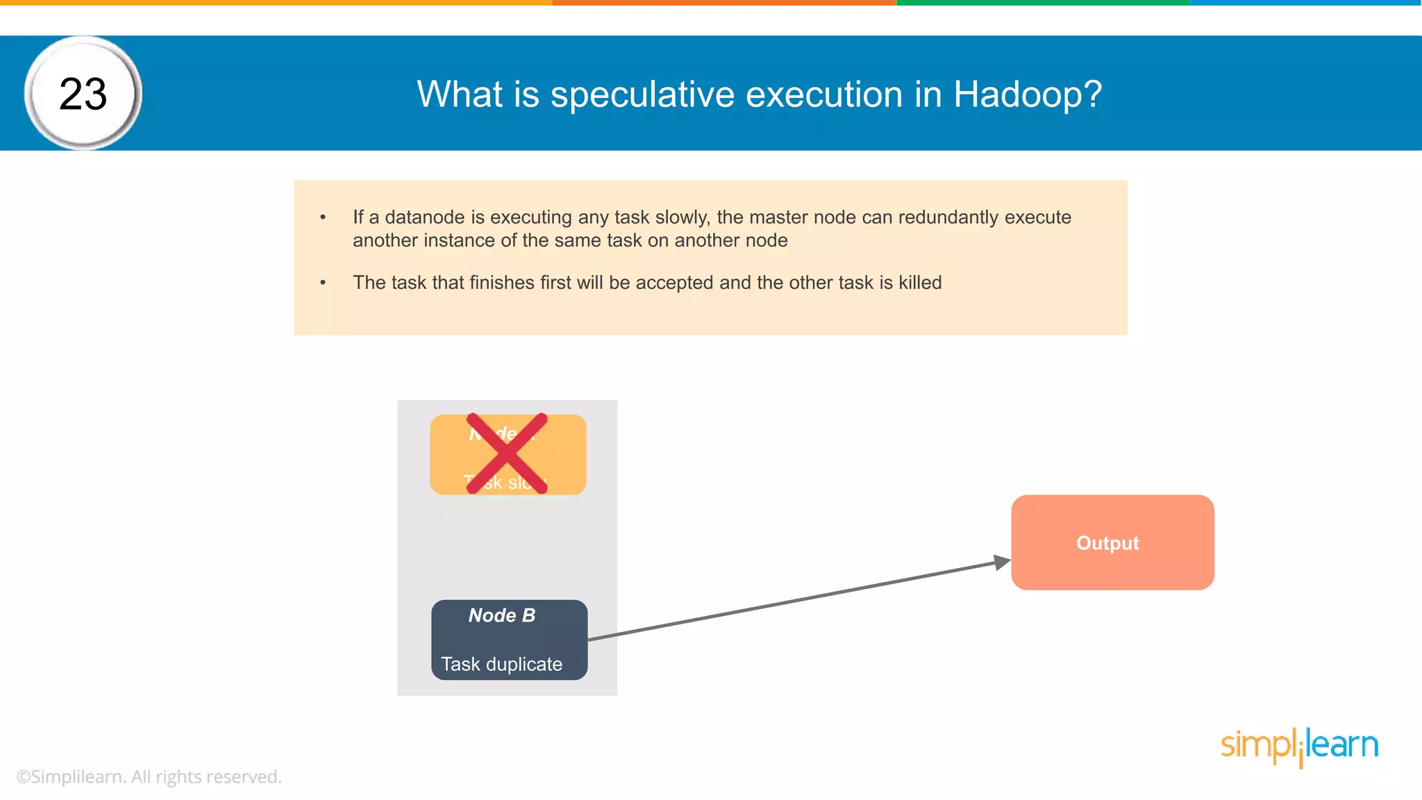 What is speculative execution in Hadoop? Output Node A Task slow Node B Task duplicate 23 • If a datanode is executing any task slowly, the master node can redundantly execute another instance of the same task on another node • The task that finishes first will be accepted and the other task is killed 