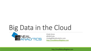 http://smallbitesofbigdata.comhttp://bit.ly/BDApr2015
Big Data in the Cloud
Cindy Gross – Technical Fellow: Big Data and Cloud
@SQLCindy
cindyg@NealAnalytics.com
http://smallbitesofbigdata.com
 