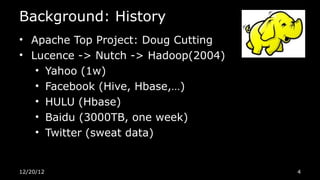 Background: History
• Apache Top Project: Doug Cutting
• Lucence -> Nutch -> Hadoop(2004)
   • Yahoo (1w)
   • Facebook (Hive, Hbase,…)
   • HULU (Hbase)
   • Baidu (3000TB, one week)
   • Twitter (sweat data)


12/20/12                             4
 