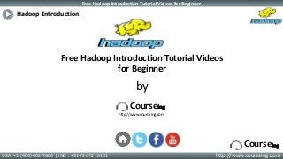 Free Hadoop Introduction Tutorial Videos for Beginner
USA: +1 (404)-462-7860 | IND : +91-72072 10101 http://www.courseing.com
Courseing
Free Hadoop Introduction Tutorial Videos
for Beginner
by
Courseing
http://www.courseing.com
Hadoop Introduction
 