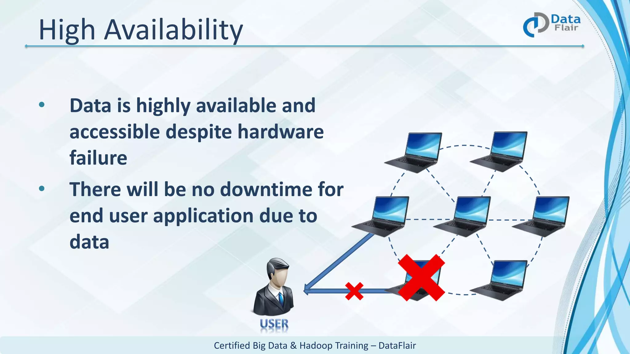 Certified Big Data & Hadoop Training – DataFlair
High Availability
• Data is highly available and
accessible despite hardware
failure
• There will be no downtime for
end user application due to
data
 