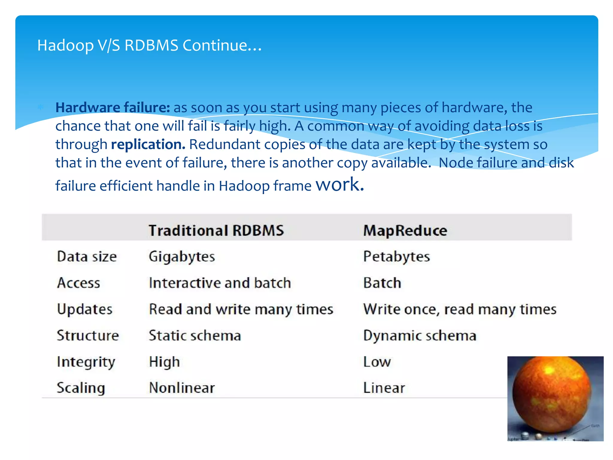 Hardware failure: as soon as you start using many pieces of hardware, the
chance that one will fail is fairly high. A common way of avoiding data loss is
through replication. Redundant copies of the data are kept by the system so
that in the event of failure, there is another copy available. Node failure and disk
failure efficient handle in Hadoop frame work.
Hadoop V/S RDBMS Continue…
 