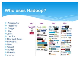 Who uses Hadoop?
 Amazon/A9
 Facebook
 Google
 IBM
Joost
 Last.fm
New York Times
PowerSet
Veoh
Yahoo!
Twitter
LinkedIn
…No list too big now
 
