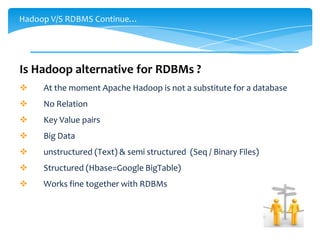 Is Hadoop alternative for RDBMs ?
Hadoop is not replacing the traditional data systems used for building
analytic applications – the RDBMS, EDW and MPP systems – but rather is a
complement.
 Interoperate with existing systems and tools, at the moment Apache
Hadoop is not a substitute for a database
 No Relation, Key Value pairs
 Big Data, unstructured (Text) & semi structured (Seq / Binary Files)
 Structured (Hbase=Google BigTable)
 Works fine together with RDBMs, Hadoop is being used to distill
large quantities of data into something more manageable.
Hadoop V/S RDBMS Continue…
 