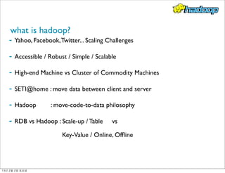 what is hadoop?
- Yahoo, Facebook,Twitter... Scaling Challenges
- Accessible / Robust / Simple / Scalable
- High-end Machine vs Cluster of Commodity Machines
- SETI@home : move data between client and server
- Hadoop : move-code-to-data philosophy
- RDB vs Hadoop : Scale-up / Table vs
Key-Value / Online, Ofﬂine
13년	 2월	 2일	 토요일
 