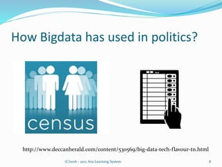 How Bigdata has used in politics?
(C)2016 - 2017 Aru Learning System 8
http://www.deccanherald.com/content/530569/big-data-tech-flavour-tn.html
 