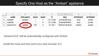 Specify One Host as the “Ambari” appliance
“backend-0-0” will be automatically configured with Ambari
Install the node and then point your web browser at it
 
