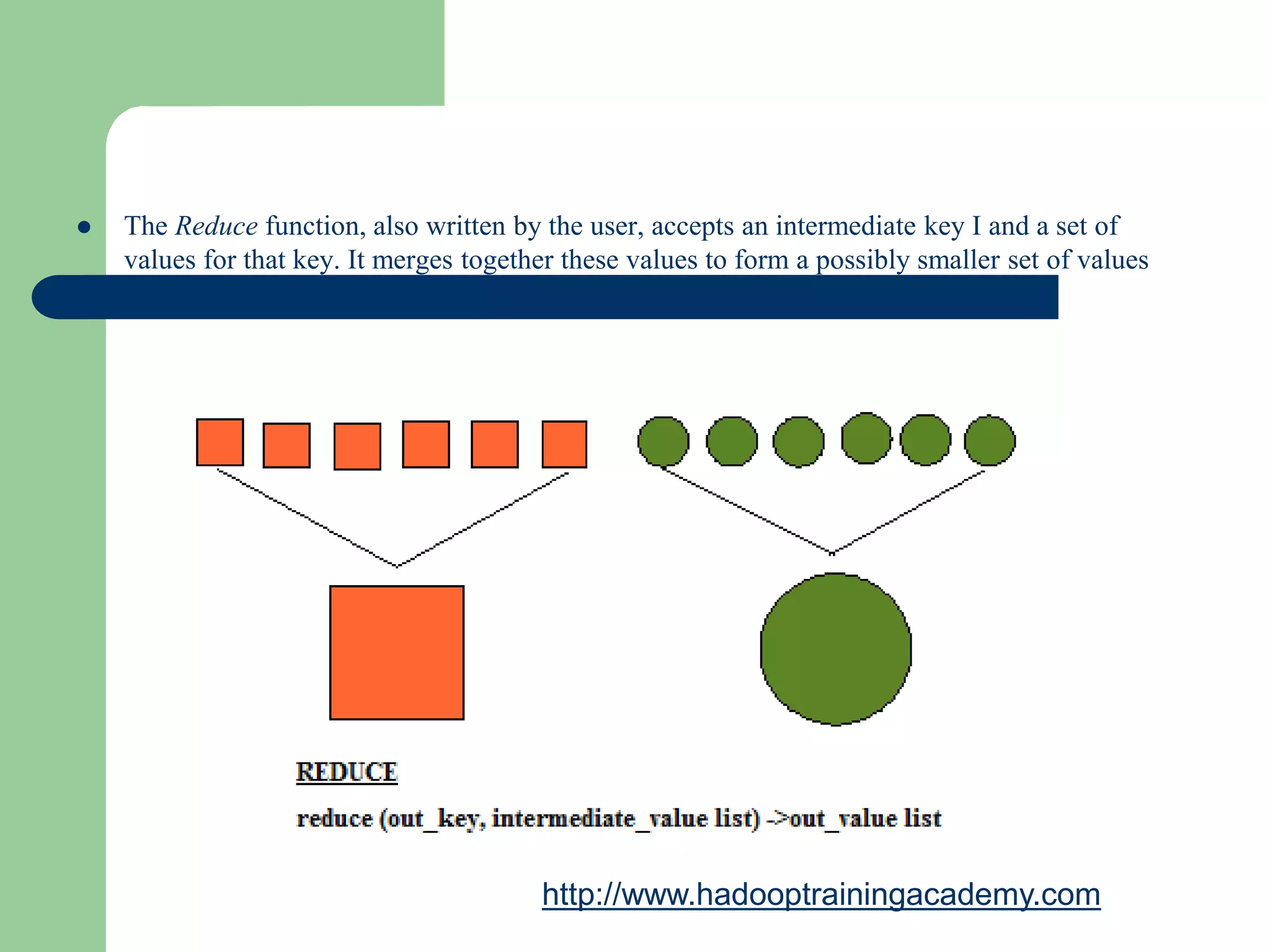  The Reduce function, also written by the user, accepts an intermediate key I and a set of
values for that key. It merges together these values to form a possibly smaller set of values
http://www.hadooptrainingacademy.com
 