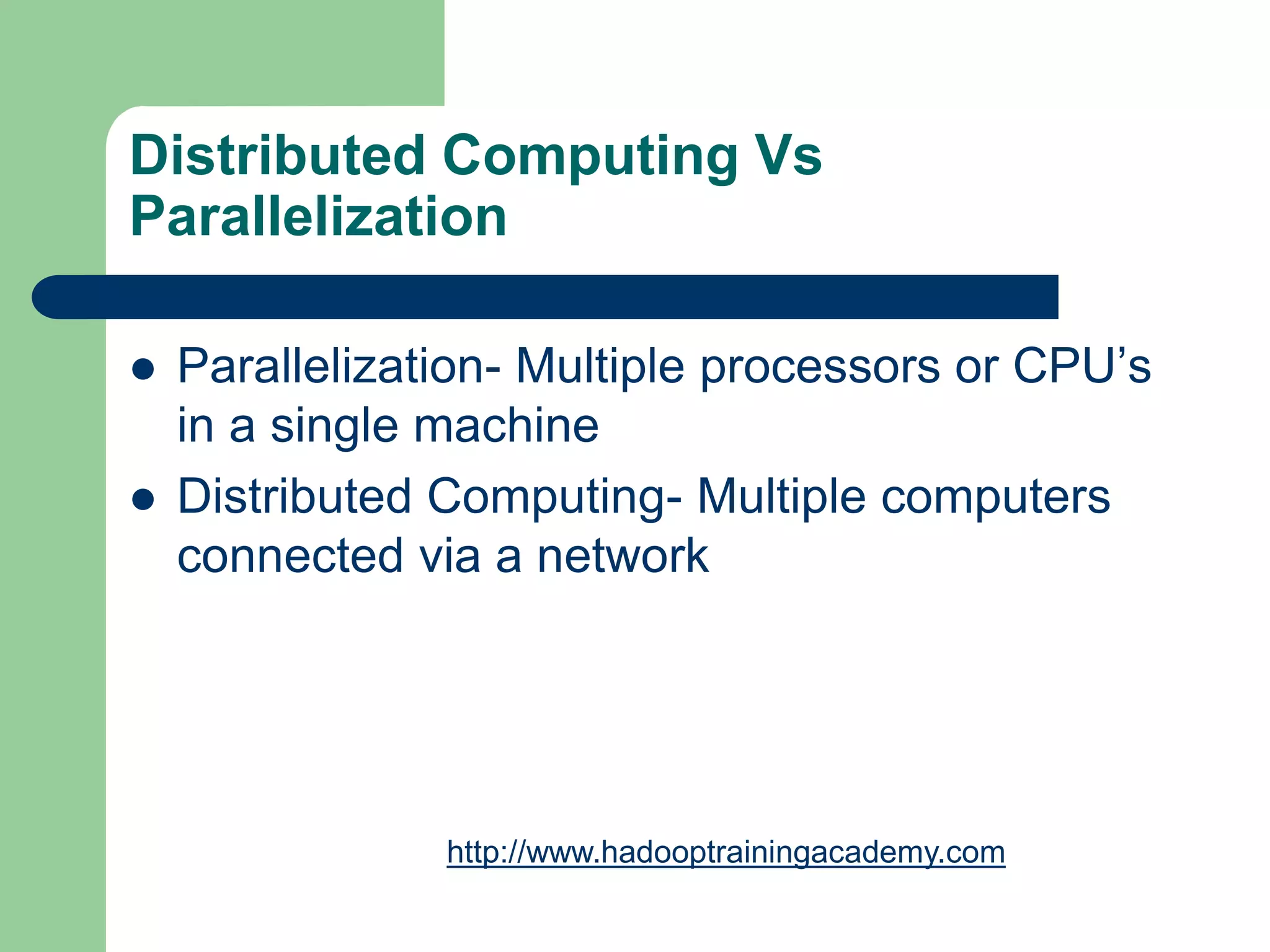 Distributed Computing Vs
Parallelization
 Parallelization- Multiple processors or CPU’s
in a single machine
 Distributed Computing- Multiple computers
connected via a network
http://www.hadooptrainingacademy.com
 