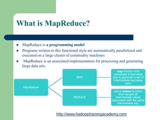 What is MapReduce?
 MapReduce is a programming model
 Programs written in this functional style are automatically parallelized and
executed on a large cluster of commodity machines
 MapReduce is an associated implementation for processing and generating
large data sets.
MapReduce
MAP
map function that
processes a key/value
pair to generate a set of
intermediate key/value
pairs
REDUCE
and a reduce function
that merges all
intermediate values
associated with the same
intermediate key.
http://www.hadooptrainingacademy.com
 