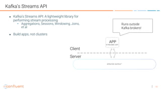 10
Kafka’s Streams API
● Kafka’s Streams API: A lightweight library for
performing stream processing
• Aggregations, Sessions, Windowing, Joins,
et al
● Build apps, not clusters
Client
Server
Runs outside
Kafka brokers!
 