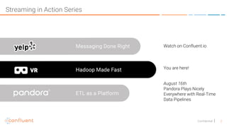 2Confidential
Streaming in Action Series
You are here!
August 16th
Pandora Plays Nicely
Everywhere with Real-Time
Data Pipelines
Watch on Confluent.io
 