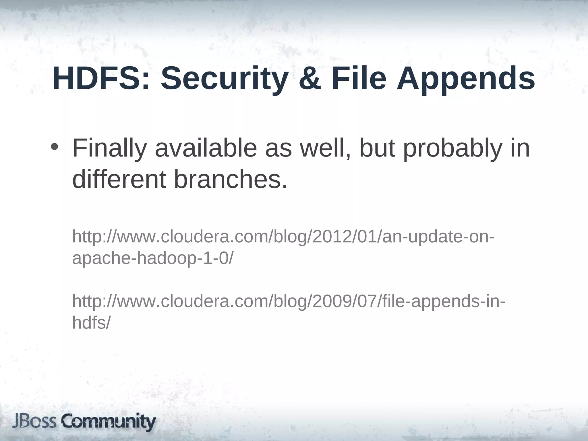 HDFS: Security & File Appends

• Finally available as well, but probably in
  different branches.

  http://www.cloudera.com/blog/2012/01/an-update-on-
  apache-hadoop-1-0/

  http://www.cloudera.com/blog/2009/07/file-appends-in-
  hdfs/
 