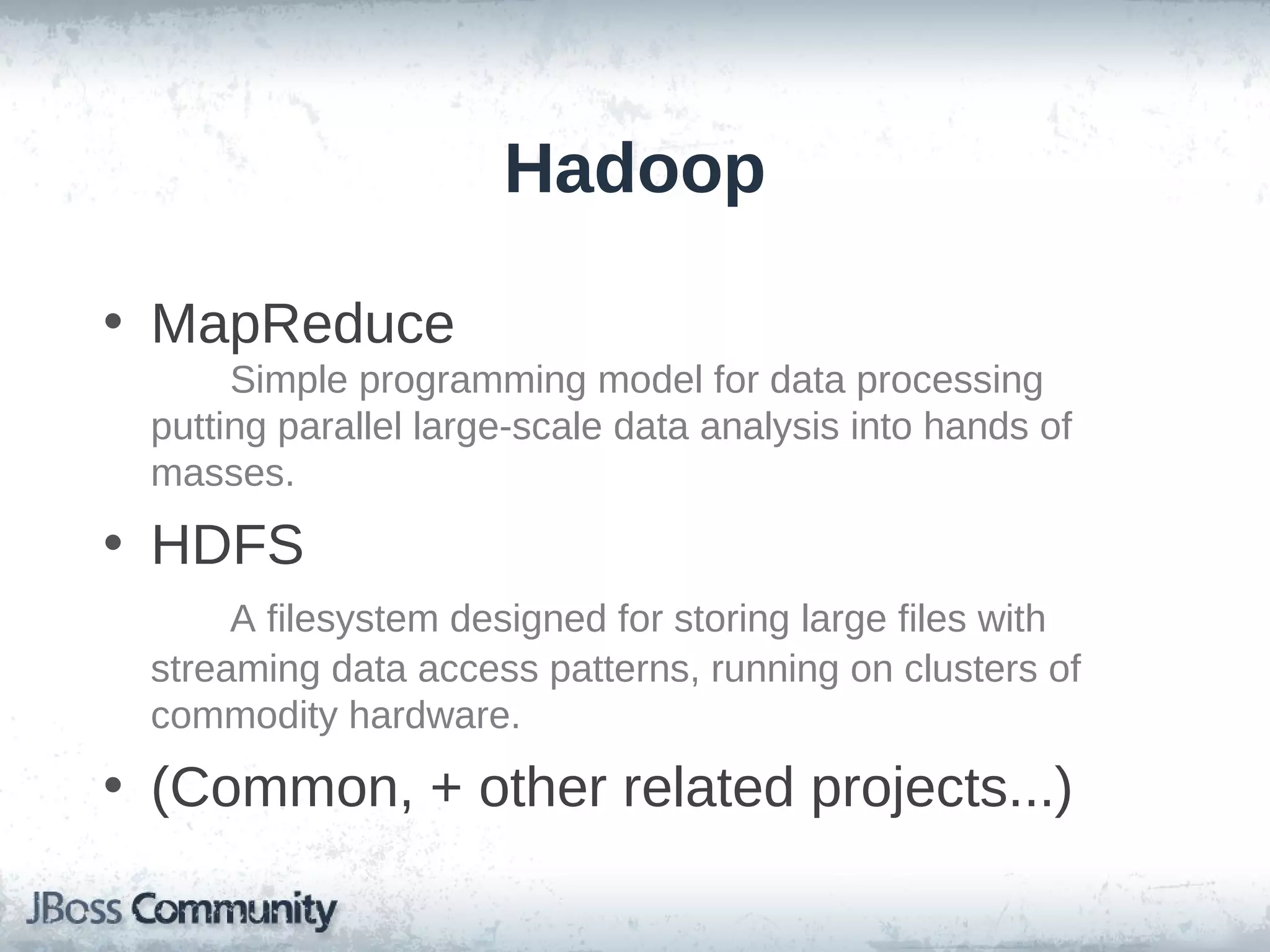 Hadoop

• MapReduce
      Simple programming model for data processing
 putting parallel large-scale data analysis into hands of
 masses.
• HDFS
      A filesystem designed for storing large files with
 streaming data access patterns, running on clusters of
 commodity hardware.
• (Common, + other related projects...)
 