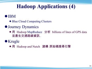 Hadoop Applications (4) ,[object Object],[object Object],[object Object],[object Object],[object Object],[object Object]