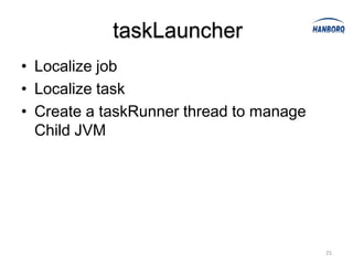 taskLauncher
• Localize job
• Localize task
• Create a taskRunner thread to manage
  Child JVM




                                         25
 