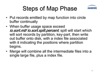 Steps of Map Phase
• Put records emitted by map function into circle
  buffer continually
• When buffer usage space exceed
  io.sort.mb*io.sort.spill.percent, spill will start which
  will sort records by partition, key-part, then write
  out buffer onto disk, with a index file associated
  with it indicating the positions where partition
  begins.
• Merge will combine all the intermediate files into a
  single large file, plus a index file.


                                                         33
 