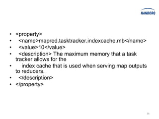 • <property>
• <name>mapred.tasktracker.indexcache.mb</name>
• <value>10</value>
• <description> The maximum memory that a task
  tracker allows for the
•    index cache that is used when serving map outputs
  to reducers.
• </description>
• </property>




                                                     36
 