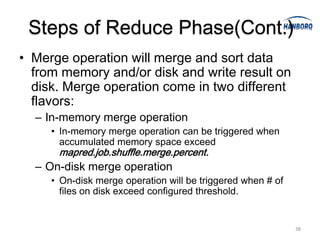 Steps of Reduce Phase(Cont.)
• Merge operation will merge and sort data
  from memory and/or disk and write result on
  disk. Merge operation come in two different
  flavors:
  – In-memory merge operation
     • In-memory merge operation can be triggered when
       accumulated memory space exceed
      mapred.job.shuffle.merge.percent.
  – On-disk merge operation
     • On-disk merge operation will be triggered when # of
       files on disk exceed configured threshold.


                                                             38
 