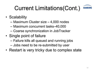 Current Limitations(Cont.)
• Scalability
  – Maximum Cluster size – 4,000 nodes
  – Maximum concurrent tasks–40,000
  – Coarse synchronization in JobTracker
• Single point of failure
  – Failure kills all queued and running jobs
  – Jobs need to be re-submitted by user
• Restart is very tricky due to complex state



                                                57
 