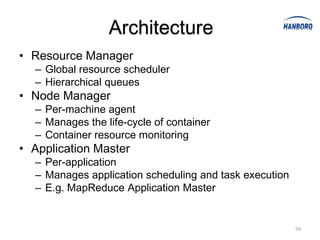 Architecture
• Resource Manager
  – Global resource scheduler
  – Hierarchical queues
• Node Manager
  – Per-machine agent
  – Manages the life-cycle of container
  – Container resource monitoring
• Application Master
  – Per-application
  – Manages application scheduling and task execution
  – E.g. MapReduce Application Master


                                                        59
 