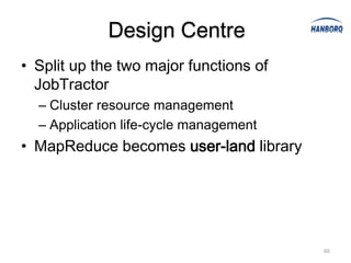 Design Centre
• Split up the two major functions of
  JobTractor
  – Cluster resource management
  – Application life-cycle management
• MapReduce becomes user-land library




                                        60
 
