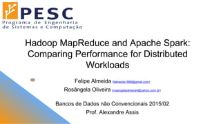 Hadoop MapReduce and Apache Spark:
Comparing Performance for Distributed
Workloads
Felipe Almeida (falmeida1988@gmail.com)
Rosângela Oliveira (rosangelaoliveira4@yahoo.com.br)
Bancos de Dados não Convencionais 2015/02
Prof. Alexandre Assis
 