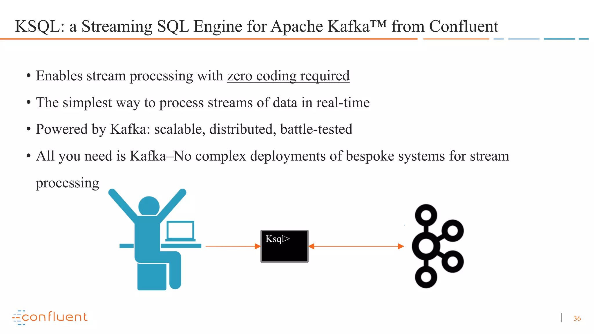 36 KSQL: a Streaming SQL Engine for Apache Kafka™ from Confluent • Enables stream processing with zero coding required • The simplest way to process streams of data in real-time • Powered by Kafka: scalable, distributed, battle-tested • All you need is Kafka–No complex deployments of bespoke systems for stream processing Ksql> 