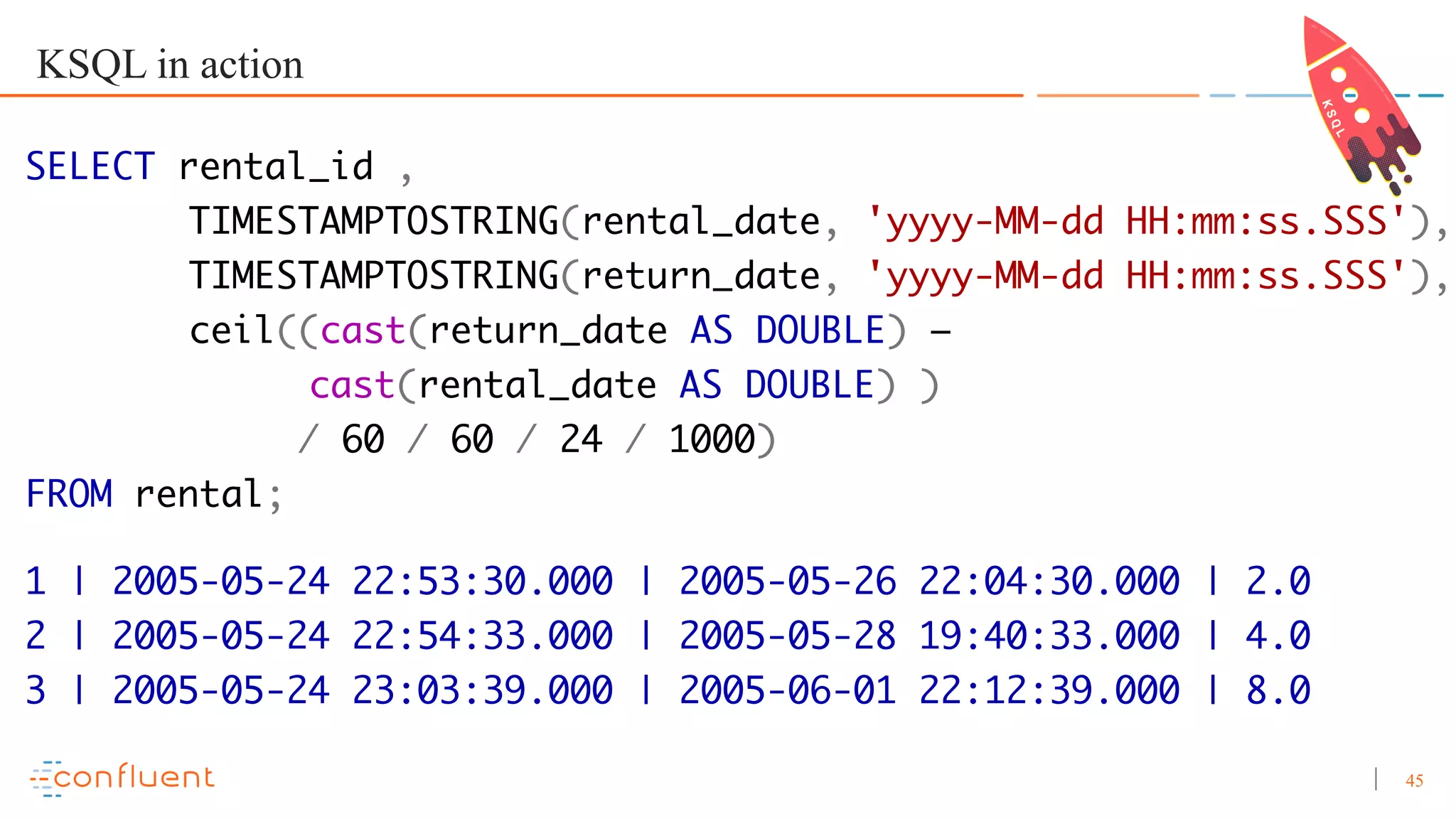 45 KSQL in action SELECT rental_id , TIMESTAMPTOSTRING(rental_date, 'yyyy-MM-dd HH:mm:ss.SSS'), TIMESTAMPTOSTRING(return_date, 'yyyy-MM-dd HH:mm:ss.SSS'), ceil((cast(return_date AS DOUBLE) – cast(rental_date AS DOUBLE) ) / 60 / 60 / 24 / 1000) FROM rental; 1 | 2005-05-24 22:53:30.000 | 2005-05-26 22:04:30.000 | 2.0 2 | 2005-05-24 22:54:33.000 | 2005-05-28 19:40:33.000 | 4.0 3 | 2005-05-24 23:03:39.000 | 2005-06-01 22:12:39.000 | 8.0 