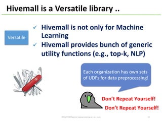 2016/11/08	Apache	Hadoop	Meetup	at	CWT	2016 12
Versatile
Hivemall	is	a	Versatile	library	..
ü Hivemall	is	not	only	for	Machine	
Learning
ü Hivemall	provides	bunch	of	generic	
utility	functions	(e.g.,	top-k,	NLP)
Each	organization	has	own	sets	
of	UDFs	for	data	preprocessing!
Don’t	Repeat	Yourself!
Don’t	Repeat	Yourself!
 