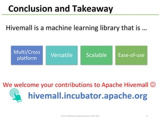 Conclusion	and	Takeaway
Hivemall	is	a	machine	learning	library	that	is	…
2016/11/08	Apache	Hadoop	Meetup	at	CWT	2016 13
We	welcome	your	contributions	to	Apache	Hivemall	J
Multi/Cross	
platform
Versatile Scalable Ease-of-use
hivemall.incubator.apache.org
 