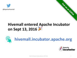 2016/11/08	Apache	Hadoop	Meetup	at	CWT	2016 2
Hivemall	entered	Apache	Incubator	
on	Sept	13,	2016	 🎉
hivemall.incubator.apache.org
@ApacheHivemall
 