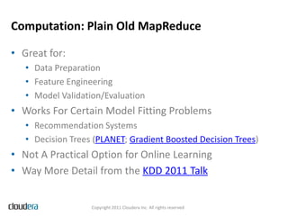 Computation: Plain Old MapReduce

• Great for:
   • Data Preparation
   • Feature Engineering
   • Model Validation/Evalua...