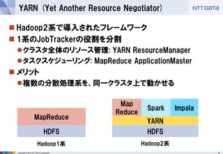8 
Copyright © 2014 NTT DATA Corporation 
Hadoop2系で導入されたフレームワーク 
1系のJobTrackerの役割を分割 
クラスタ全体のリソース管理: YARN ResourceManager 
タスクスケジューリング: MapReduceApplicationMaster 
メリット 
複数の分散処理系を、同一クラスタ上で動かせる 
YARN (Yet Another Resource Negotiator) 
HDFS 
MapReduce 
HDFS 
Map 
Reduce 
YARN 
Spark 
Impala 
Hadoop1系 
Hadoop2系  