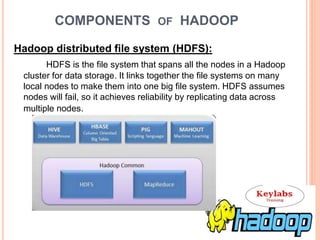 COMPONENTS OF HADOOP
Hadoop distributed file system (HDFS):
HDFS is the file system that spans all the nodes in a Hadoop
cluster for data storage. It links together the file systems on many
local nodes to make them into one big file system. HDFS assumes
nodes will fail, so it achieves reliability by replicating data across
multiple nodes.
 