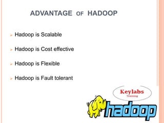 ADVANTAGE OF HADOOP
 Hadoop is Scalable
 Hadoop is Cost effective
 Hadoop is Flexible
 Hadoop is Fault tolerant
 
