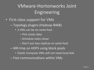 VMware-­‐Hortonworks	
  Joint	
  
                 Engineering	
  
•  First	
  class	
  support	
  for	
  VMs	
  
    –  Topology	
  plugins	
  (Hadoop-­‐8468)	
  
        •  2	
  VMs	
  can	
  be	
  on	
  same	
  host	
  
                – Pick	
  closer	
  data	
  
                – Schedule	
  tasks	
  closer	
  
                – Don’t	
  put	
  two	
  replicas	
  on	
  same	
  host	
  
    –  MR-­‐tmp	
  on	
  HDFS	
  using	
  block	
  pools	
  
        •  ElasSc	
  Compute-­‐VMs	
  will	
  not	
  need	
  local	
  disk	
  
    –  Fast	
  communicaSons	
  within	
  VMs	
  	
  

                                                                                 Page	
  25	
  
 