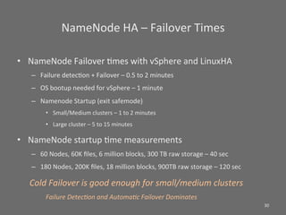NameNode	
  HA	
  –	
  Failover	
  Times	
  	
  

•  NameNode	
  Failover	
  Smes	
  with	
  vSphere	
  and	
  LinuxHA	
  
    –  Failure	
  detecSon	
  +	
  Failover	
  –	
  0.5	
  to	
  2	
  minutes	
  
    –  OS	
  bootup	
  needed	
  for	
  vSphere	
  –	
  1	
  minute	
  
    –  Namenode	
  Startup	
  (exit	
  safemode)	
  
            •  Small/Medium	
  clusters	
  –	
  1	
  to	
  2	
  minutes	
  
            •  Large	
  cluster	
  –	
  5	
  to	
  15	
  minutes	
  

•  NameNode	
  startup	
  Sme	
  measurements	
  
    –  60	
  Nodes,	
  60K	
  ﬁles,	
  6	
  million	
  blocks,	
  300	
  TB	
  raw	
  storage	
  –	
  40	
  sec	
  
    –  180	
  Nodes,	
  200K	
  ﬁles,	
  18	
  million	
  blocks,	
  900TB	
  raw	
  storage	
  –	
  120	
  sec	
  

    Cold	
  Failover	
  is	
  good	
  enough	
  for	
  small/medium	
  clusters	
  	
  
            Failure	
  Detec:on	
  and	
  Automa:c	
  Failover	
  Dominates	
  	
  
                                                                                                                      30	
  
 