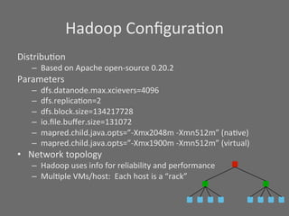 Hadoop	
  ConﬁguraSon	
  
DistribuSon	
  
       –  Based	
  on	
  Apache	
  open-­‐source	
  0.20.2	
  
Parameters	
  
       –    dfs.datanode.max.xcievers=4096	
  
       –    dfs.replicaSon=2	
  
       –    dfs.block.size=134217728	
  
       –    io.ﬁle.buﬀer.size=131072	
  
       –    mapred.child.java.opts=”-­‐Xmx2048m	
  -­‐Xmn512m”	
  (naSve)	
  
       –    mapred.child.java.opts=”-­‐Xmx1900m	
  -­‐Xmn512m”	
  (virtual)	
  
•  Network	
  topology	
  
       –  Hadoop	
  uses	
  info	
  for	
  reliability	
  and	
  performance	
  
       –  MulSple	
  VMs/host:	
  	
  Each	
  host	
  is	
  a	
  “rack”	
  
	
  
 