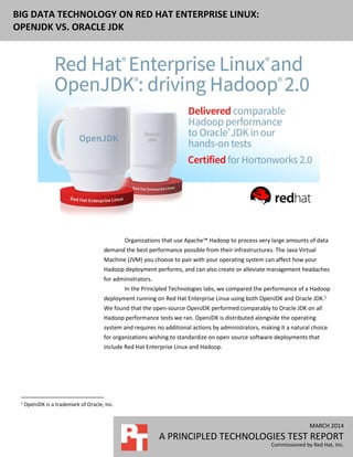MARCH 2014
A PRINCIPLED TECHNOLOGIES TEST REPORT
Commissioned by Red Hat, Inc.
BIG DATA TECHNOLOGY ON RED HAT ENTERPRISE LINUX:
OPENJDK VS. ORACLE JDK
Organizations that use Apache™ Hadoop to process very large amounts of data
demand the best performance possible from their infrastructures. The Java Virtual
Machine (JVM) you choose to pair with your operating system can affect how your
Hadoop deployment performs, and can also create or alleviate management headaches
for administrators.
In the Principled Technologies labs, we compared the performance of a Hadoop
deployment running on Red Hat Enterprise Linux using both OpenJDK and Oracle JDK.1
We found that the open-source OpenJDK performed comparably to Oracle JDK on all
Hadoop performance tests we ran. OpenJDK is distributed alongside the operating
system and requires no additional actions by administrators, making it a natural choice
for organizations wishing to standardize on open source software deployments that
include Red Hat Enterprise Linux and Hadoop.
1
OpenJDK is a trademark of Oracle, Inc.
 