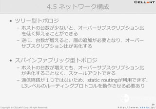 Copyright © CELL▲NT Corp. All right Reserved. h t t p : / / w w w . x d a t a . j p /
•  ツリー型トポロジ
–  ホストの台数が少ないと、オーバーサブスクリプション⽐比
を低く抑えることができる
–  逆に、台数が増えると、層の追加が必要となり、オーバー
サブスクリプション⽐比が劣劣化する
•  スパインファブリック型トポロジ
–  ホストの台数が増えても、オーバーサブスクリプション⽐比
が劣劣化することなく、スケールアウトできる
–  通信経路路が１つではないため、static  routingが利利⽤用できず、
L3レベルのルーティングプロトコルを動作させる必要あり
4.5  ネットワーク構成
29
 