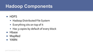 Hadoop Components
¡  HDFS	
  
§  Hadoop	
  Distributed	
  File	
  System	
  
§  Everything	
  sits	
  on	
  top	
  of	
...