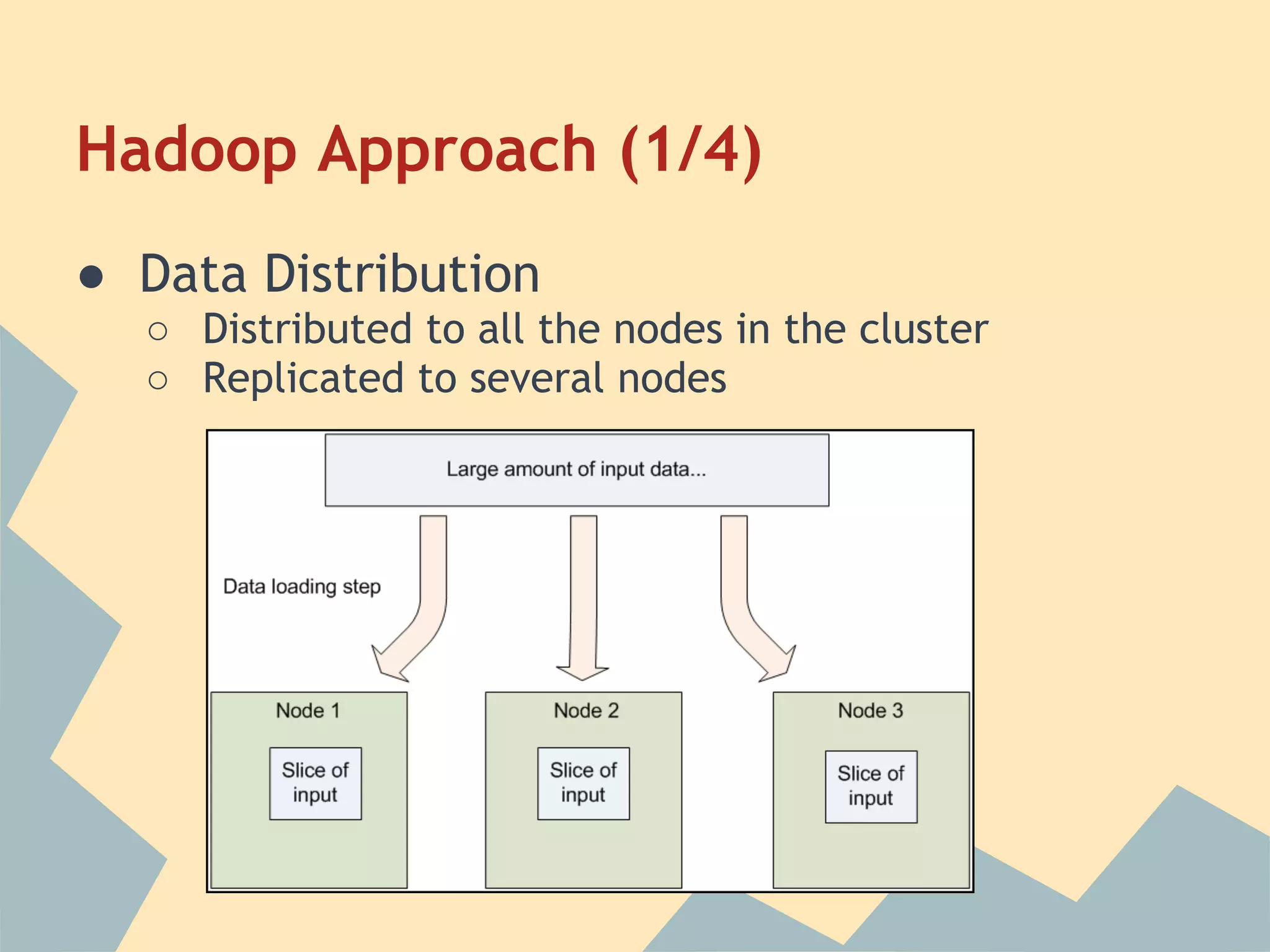 Hadoop Approach (1/4) ● Data Distribution ○ Distributed to all the nodes in the cluster ○ Replicated to several nodes 